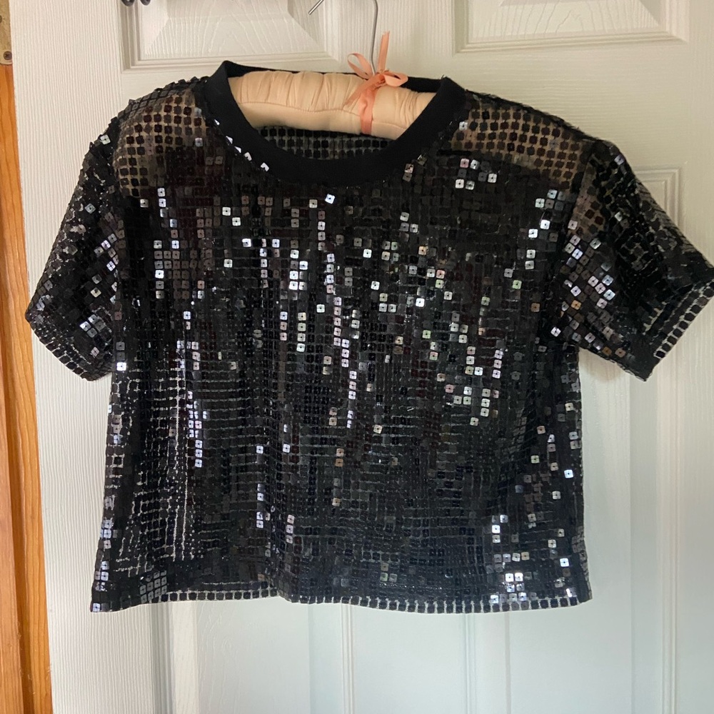 ✨ Blue Tassel Black Sequin Short Sleeve Top – Chic Party Blouse ✨